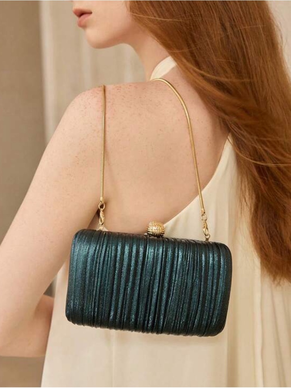 Elegant Teal Evening Clutch with Gold Chain